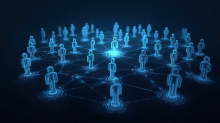 Digital Concept of Network Connections Among People Represented by Glowing Icons on a Dark Background with Communication Lines and Pulsing Nodes