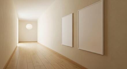 Two blank vertical poster frames mockup on a beige wall in a long, minimalist hallway with a wooden floor and a paper lantern creating a warm, calm mood.