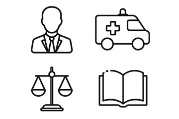 Law and justice thin line icon set. Vector symbols of lawyer, ambulance, scales, and book for legal services, business regulation, medical law, and web design concepts.