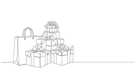 Minimalist line art illustration of a shopping bag next to a stack of wrapped gift boxes, all tied with decorative ribbons. © Muginandaru