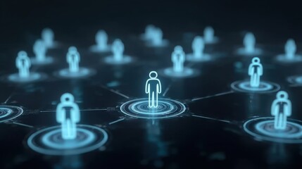 Digital representation of human connection network with glowing silhouettes on dark background illustrating social interaction and communication in the virtual space