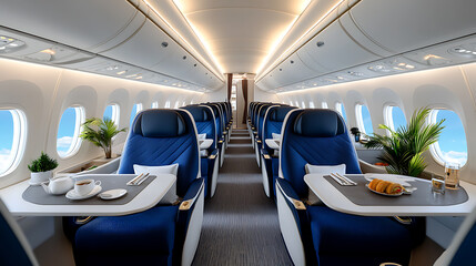Business class experience on a modern airplane in-flight interior photography relaxing atmosphere aerial view perspective