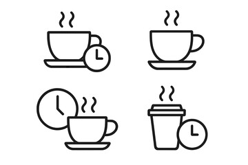 Coffee break time line icon set. Vector collection of coffee cup and clock outline symbols. Concept for cafe, office break, morning routine, tea time. Graphic for web design.
