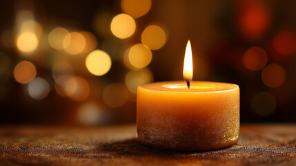 
Soft candle flame bokeh in warm amber tones, spa and relaxation concept, intimate romantic lighting