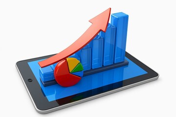 Digital tablet displaying a 3d financial growth chart with rising arrow and pie chart