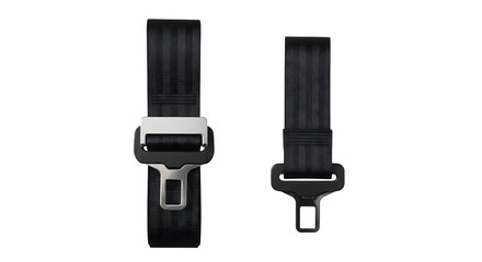 Two Seatbelts Black and Silver Buckles for Vehicle Safety.