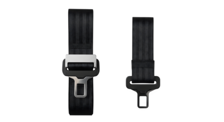 Two Seatbelts Black and Silver Buckles for Vehicle Safety.
