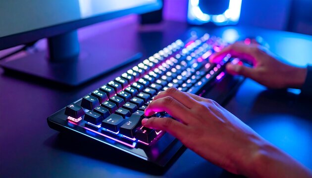 Gamers Hands on RGB Keyboard with Typing Fast, and Intense Gaming in Neon Lit Room.