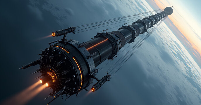 Monolithic vertical structure, tension cables radiating outward, shuttle docks at mid-level platforms.