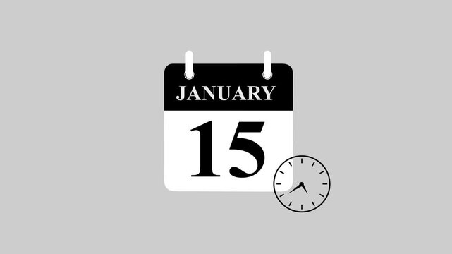 Futuristic January 15 calendar icon featuring dynamic watch animation. High-Resolution motion graphics template for digital scheduling, smart reminders, countdown interfaces, and timeline.
