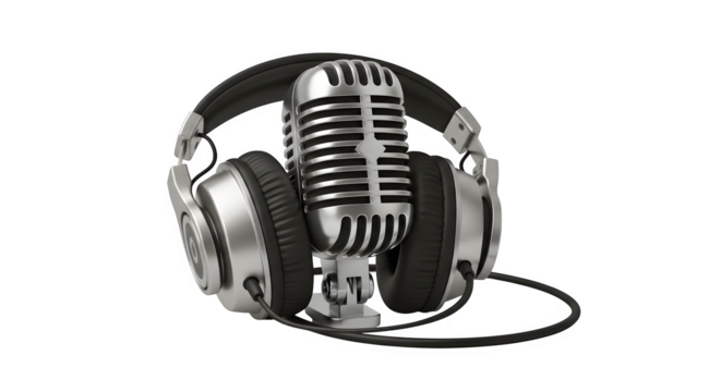 Vintage Microphone and Headphones on Black Background.