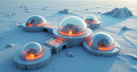 Transparent domes housing bio-cities, ice-carved tunnels linking them, glowing thermal vents at base.