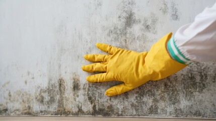 Hand Wearing Yellow Rubber Glove Touching Moldy Wall in Indoor Space Illustrating Home Maintenance and Cleaning Challenges