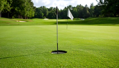 Obraz premium Golf Course Green with Hole with Flag Lush grassy field, and sunny day Perfect golf setting.