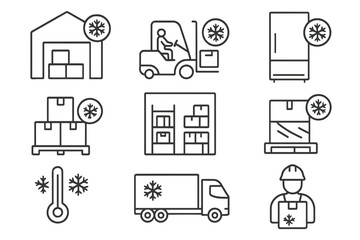 Freezer warehouse line icon set. Cold storage and logistics signs. Refrigerated transport, forklift, frozen goods, and delivery symbols. Vector outline pictogram collection.
