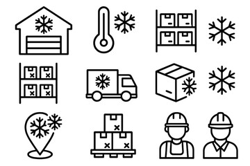 Freezer warehouse thin line icon set with outline signs for logistics, cold storage, frozen food delivery, temperature control, packaging, and industrial workers vector cartoon illustration