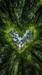Fototapeta premium Upward View of Tall Trees and Green Leaves Creating Heart Shape Symbolizing Nature and Love