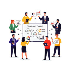 A diverse team collaborates around a whiteboard brainstorming company goals, showcasing strategic planning and collaborative success.