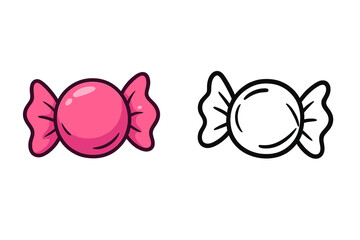 Candy vector illustration set. Pink sweet treat and black outline version. Cartoon hard candy in wrapper for clipart, icon, or coloring page. Isolated dessert graphic.