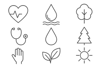 Health water tree line icons set, thin line medical symbols including heart pulse, stethoscope, hand, water drops, leaves, trees, sun, nature and wellness vector design elements for apps and web