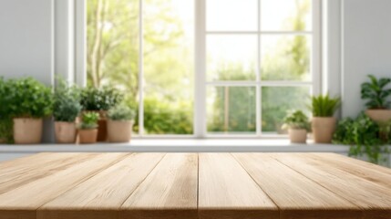 Bright and Airy Interior View with a Wooden Table in Focus, Surrounded by Lush Green Plants and Natural Light from Large Windows