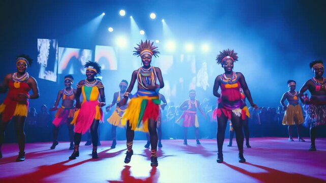 Energetic zulu dancers performing traditional dance on stage