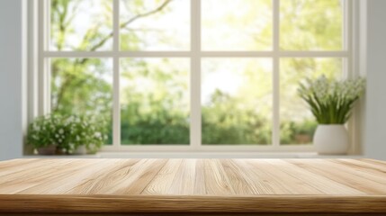 Fototapeta premium Bright and Serene Indoor Space with Wooden Table Surface Overlooking Lush Green Garden through Large Windows in Modern Home Setting