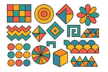 Set of colorful geometric shapes. Abstract retro design elements. Modern minimalist vector icons. Collection of vintage patterns with cube, circle, triangle and mosaic forms.
