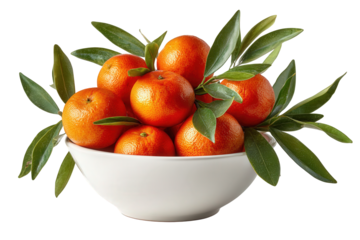 Fresh Mandarin Oranges in White Bowl with Green Leaves
