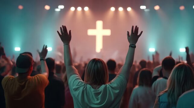 Worshippers in a Modern Church Service Raising Hands in Praise with a Large Cross in the Background Surrounded by Soft Lighting and a Joyful Atmosphere