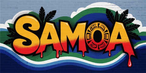 Fototapeta premium Vibrant Samoa Graffiti Art Illustration with Tribal Motif, Tropical Leaves, and Ocean Waves on Brick Wall Mural