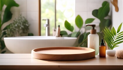 round wooden tray sits empty on a table surrounded by cosmetic dispensers providing a stylish backdrop for product display in a blurry bathroom scene with greenery and a sink