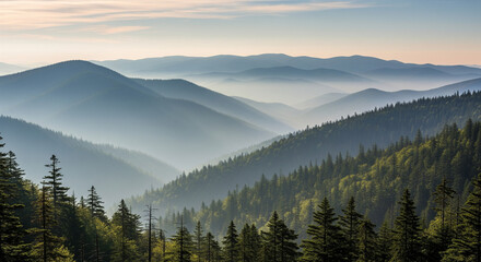 Naklejka premium Rolling mountain landscape with layers of misty peaks fading into the distance. Lush green coniferous forests cover the foreground slopes, creating a serene and expansive natural view. 