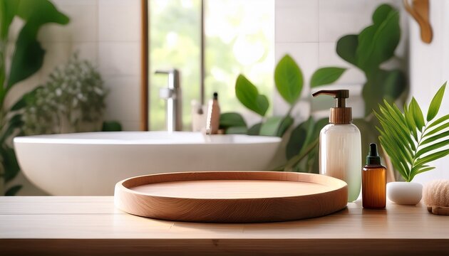 round wooden tray sits empty on a table surrounded by cosmetic dispensers providing a stylish backdrop for product display in a blurry bathroom scene with greenery and a sink