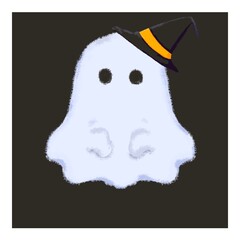 Cute Halloween ghost with witch hat, no mouth, no feet