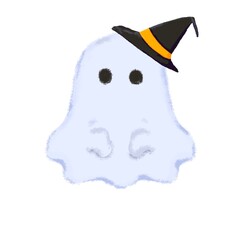 Cute Halloween ghost with witch hat, no mouth, no feet