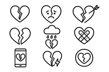 Set of Broken Heart and Heartbreak Line Icons, Outline Symbols for Graphic and Web Design, Mobile Apps, Advertising, Emotional Cards, and Romantic Illustrations, Vector Cartoon