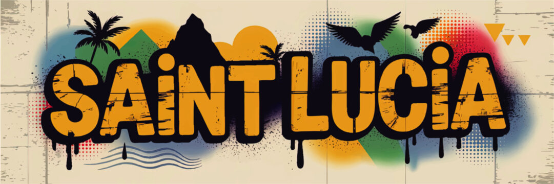Saint Lucia Graffiti Art Banner &ndash; Vibrant Caribbean Travel Typography, Palm Trees, Mountains & Tropical Island Street Style Design
