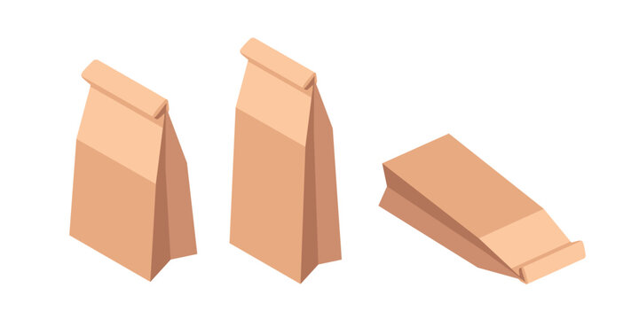 Isometric brown paper lunch bags with folded tops. Two standing bags and one lying flat. Food packaging concept for takeaway and delivery services. Vector illustration isolated on white background