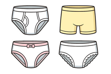 Different Styles of Children&rsquo;s Underwear in Minimalist Vector Cartoon Illustration, Educational and Promotional Apparel Design for Kids, Variety of Kids&rsquo; Undergarments