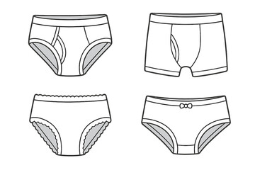 Different styles of children's underwear illustrated in minimalist vector cartoon style, educational and promotional design element for kids' clothing collection and fashion concepts