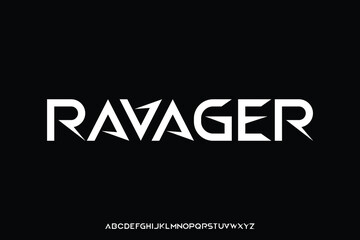 Fototapeta premium Modern sharp ravager sans serif alphabet display font vector. Extreme sports typeface