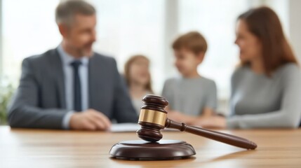 Family Court Mediation Session with Gavel in Foreground Representing Legal Proceedings in Child Custody Case with Parents and Children Discussing Matters