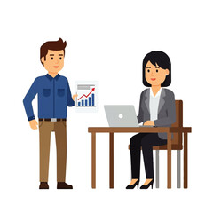 Obraz premium A businessman presents positive financial data to a businesswoman at her desk, showcasing growth and collaboration.
