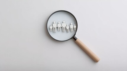 Paper cut figures under magnifying glass on light background representing diverse families, human connections, and community relationships in focus