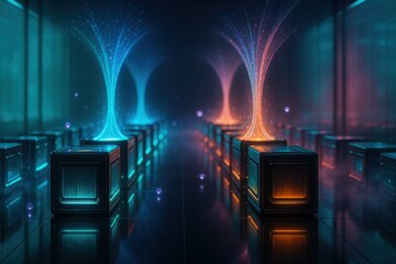 Futuristic AI laboratory with glowing processors and holographic data streams