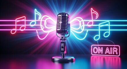 Fototapeta premium Vintage microphone with neon music notes and an on air sign against a dark background illuminated with lights