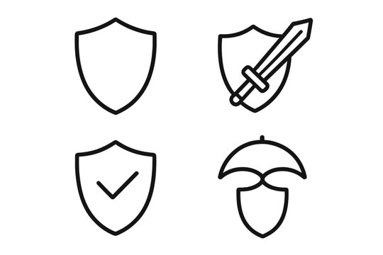 Shield defense insurance line icon pack. Minimalistic linear security symbols for web, graphic design, apps, banners, social networks, and cards. Vector cartoon set