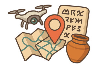 Creative vector collage of exploring technology and culture with a drone, map marker, ancient script, and pottery jar in cartoon style