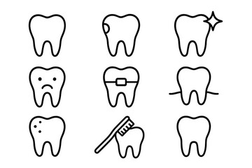 Teeth Line Icon Bundle, Dental Care Symbols, Oral Hygiene Vector Set for Graphic Design, Web, Apps, Advertisements, Cartoon Style Tooth Illustrations with Transparent Background, Ordered Collection